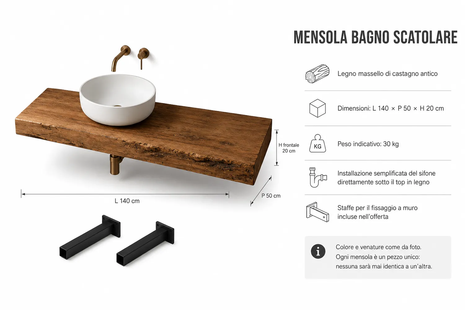 XLAB Design Materia Antica Mensola Bagno Castagno 140 cm