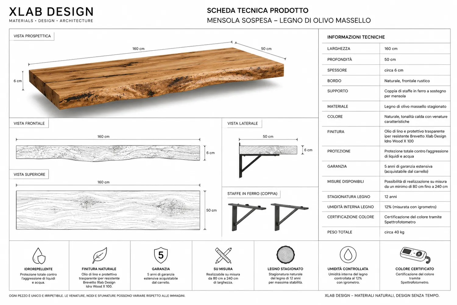 XLAB Design mensola bagno sospesa legno olivo massello