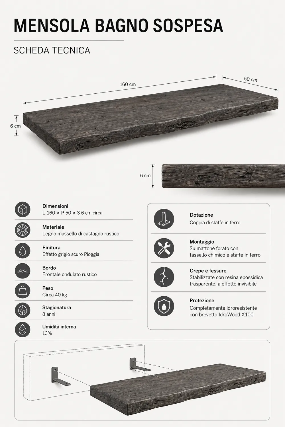 XLAB Design Pioggia mensola bagno legno castagno su misura