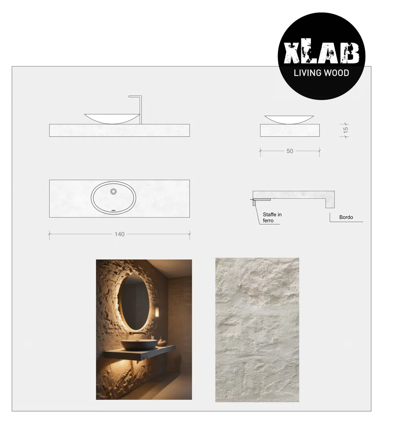 XLAB Design Creta Piano Lavabo 140x50x15 bianco crema