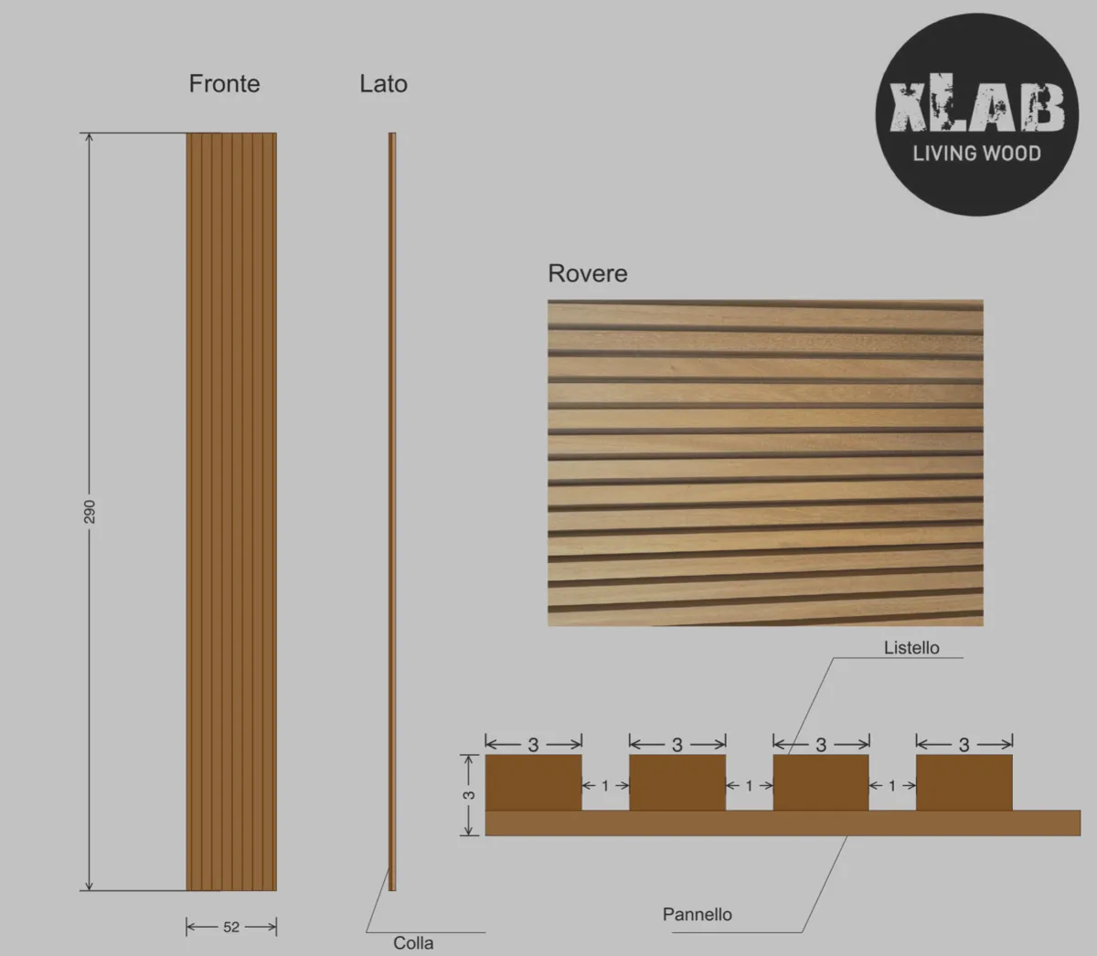 XLAB Design pannello boiserie listelli legno rovere 52x290 cm