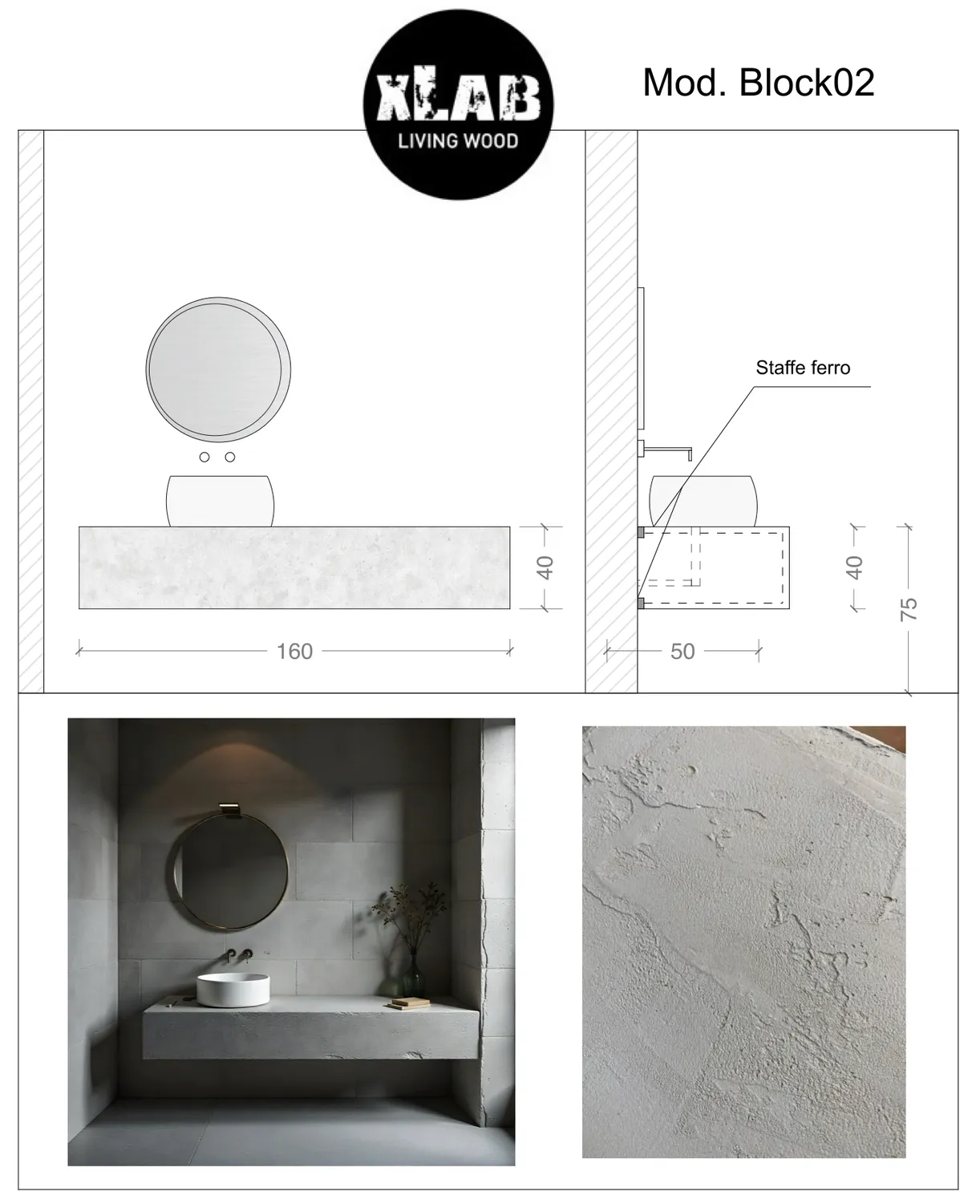 XLAB Design Block02 mensola lavabo effetto cemento grigio 160 cm