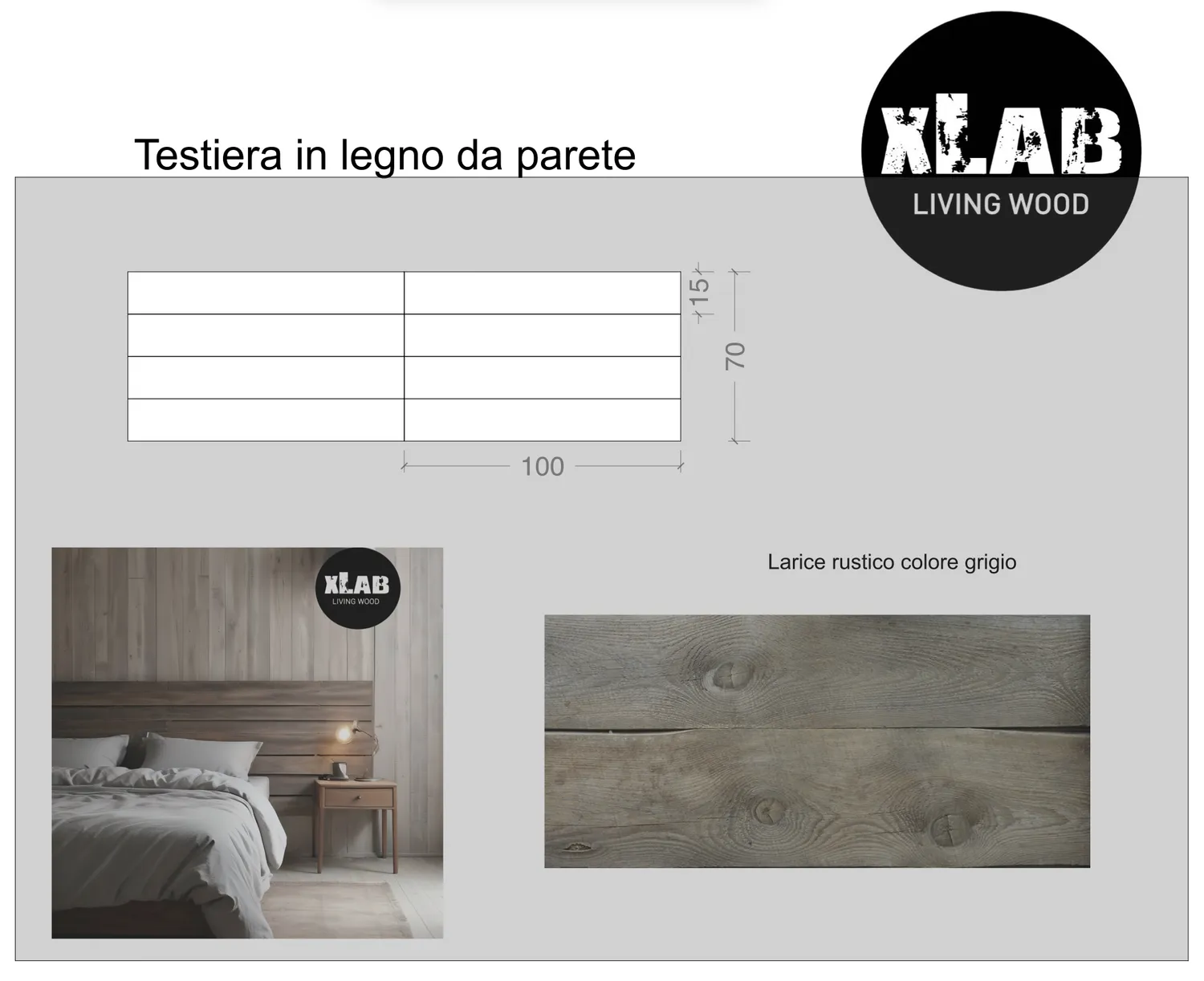 XLAB Design testiera letto matrimoniale larice grigio 200x70 legno massello