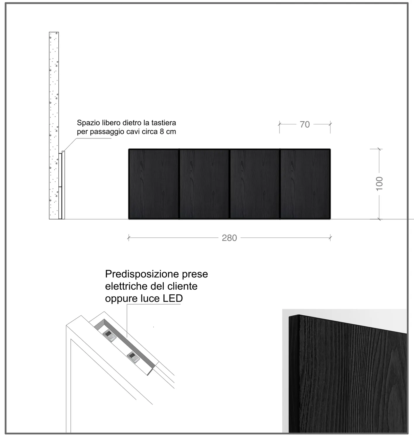XLAB Design Noir 300 testiera matrimoniale legno nero LED 300cm
