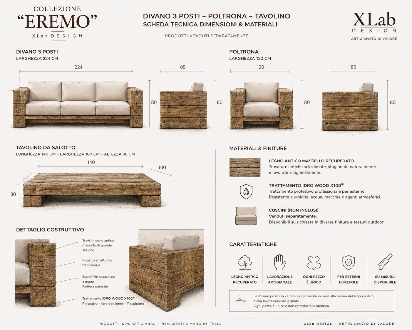 XLAB Design Eremo poltrona giardino L120 legno antico