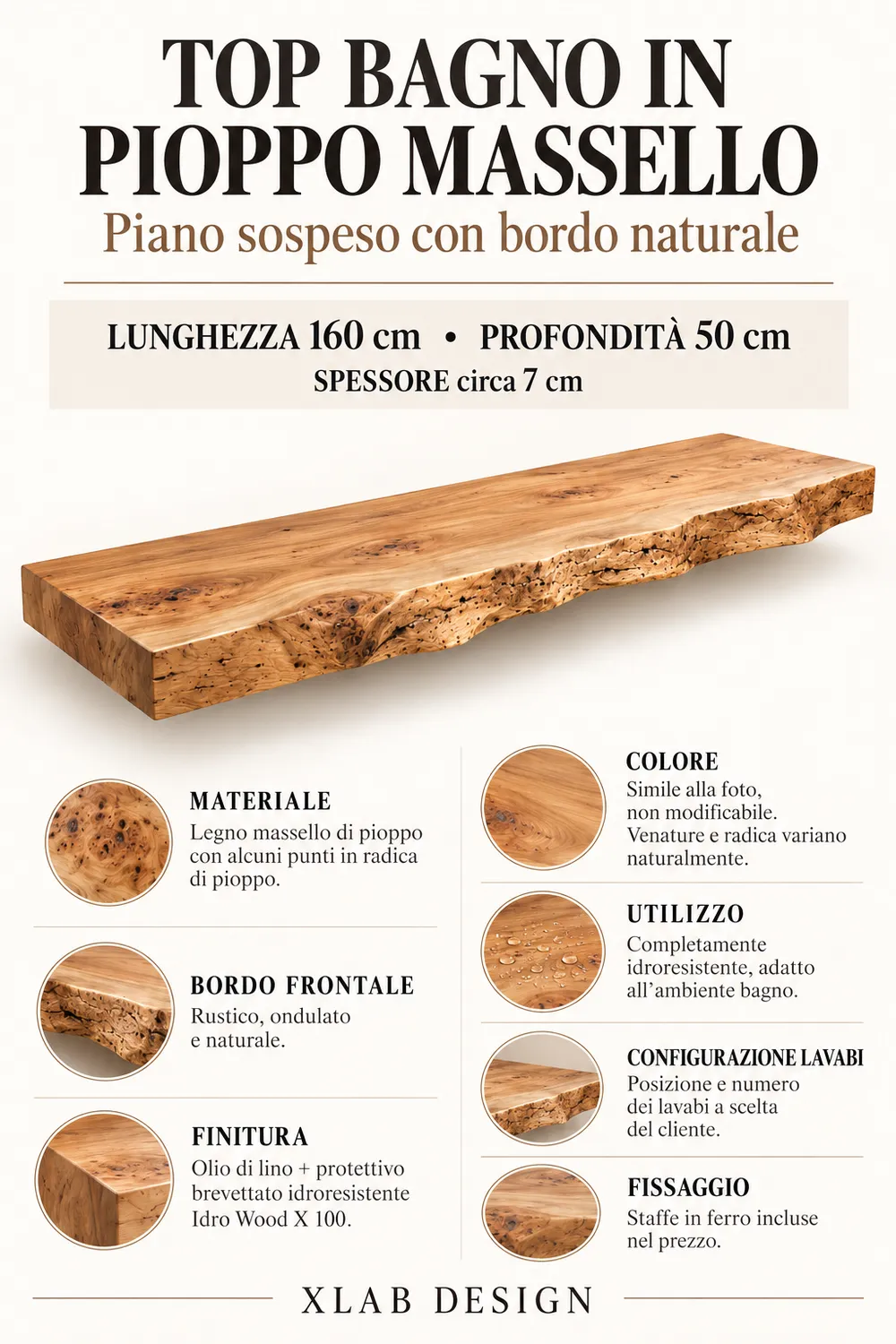 XLAB Design Top Bagno legno massello pioppo 160 bordo naturale
