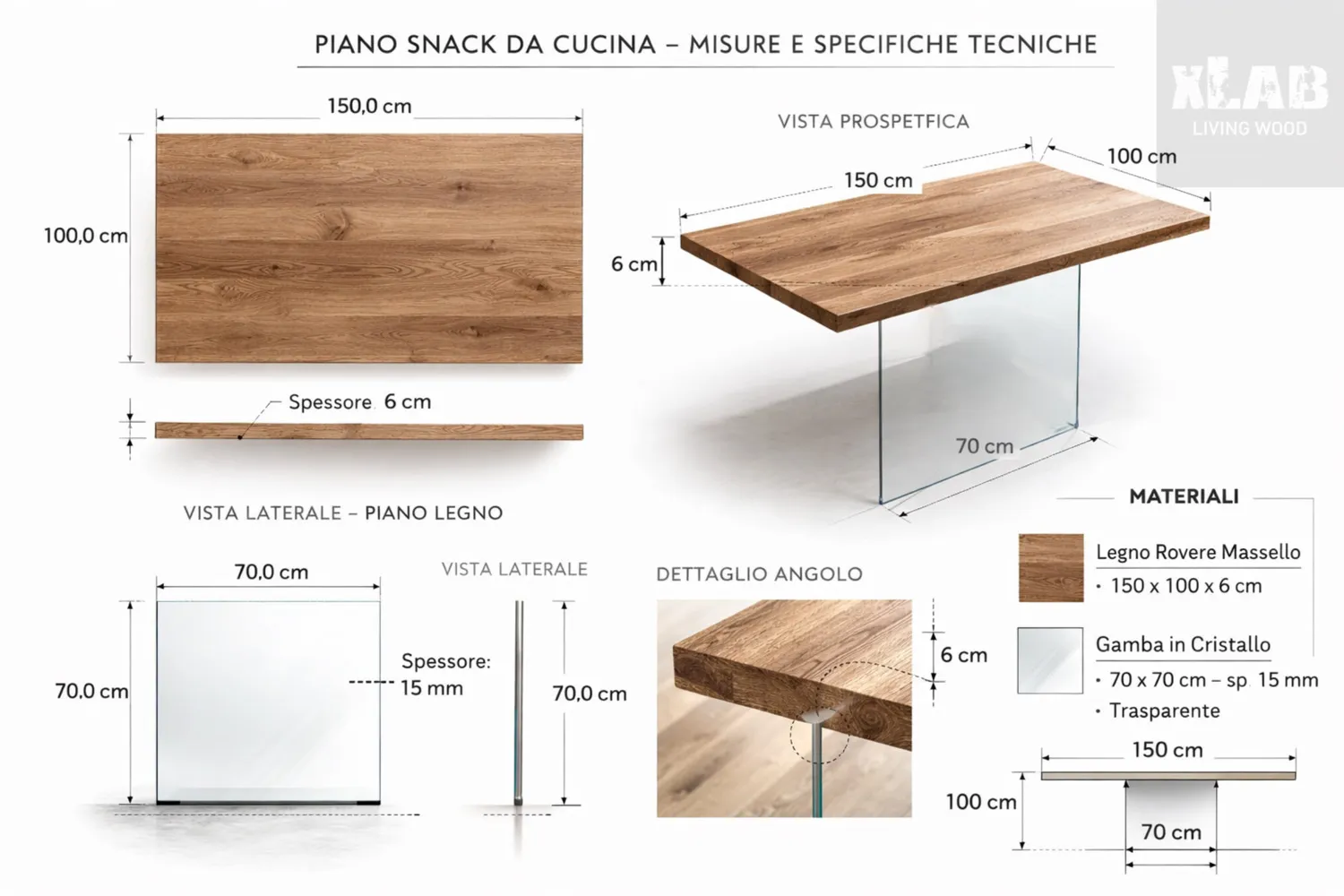 XLAB Design Piano Snack Rovere 5cm con Gamba Cristallo