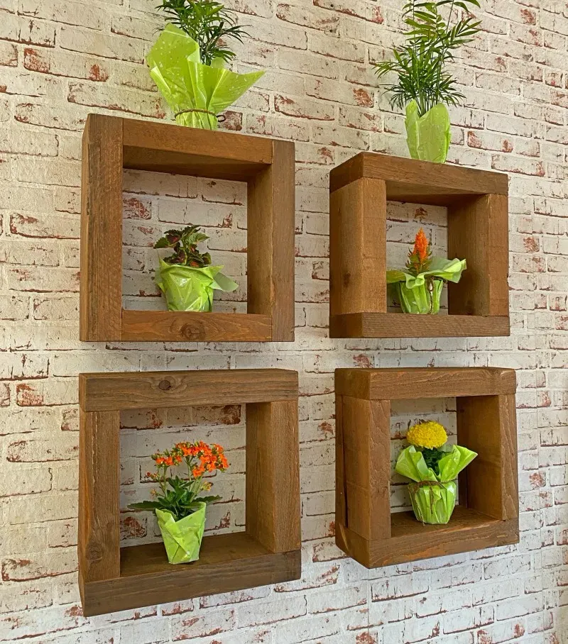 XLAB Design cubi legno parete 4 pezzi con piante