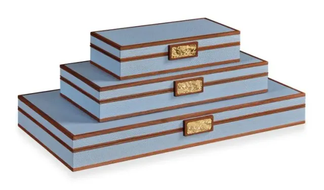 Maitland Smith Light Blue Stacking scatole portagioie azzurre set 3 pezzi pelle