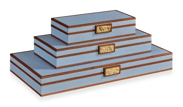 Maitland Smith Light Blue Stacking scatole portagioie azzurre set 3 pezzi pelle