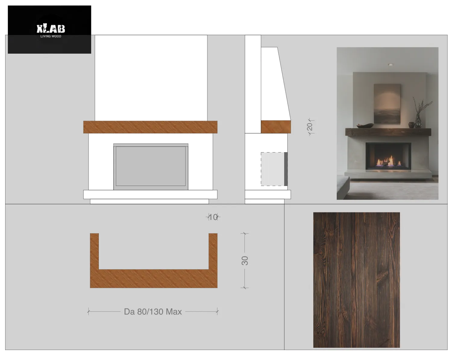 XLAB Design mensola camino larice rustico su misura 80-130 cm