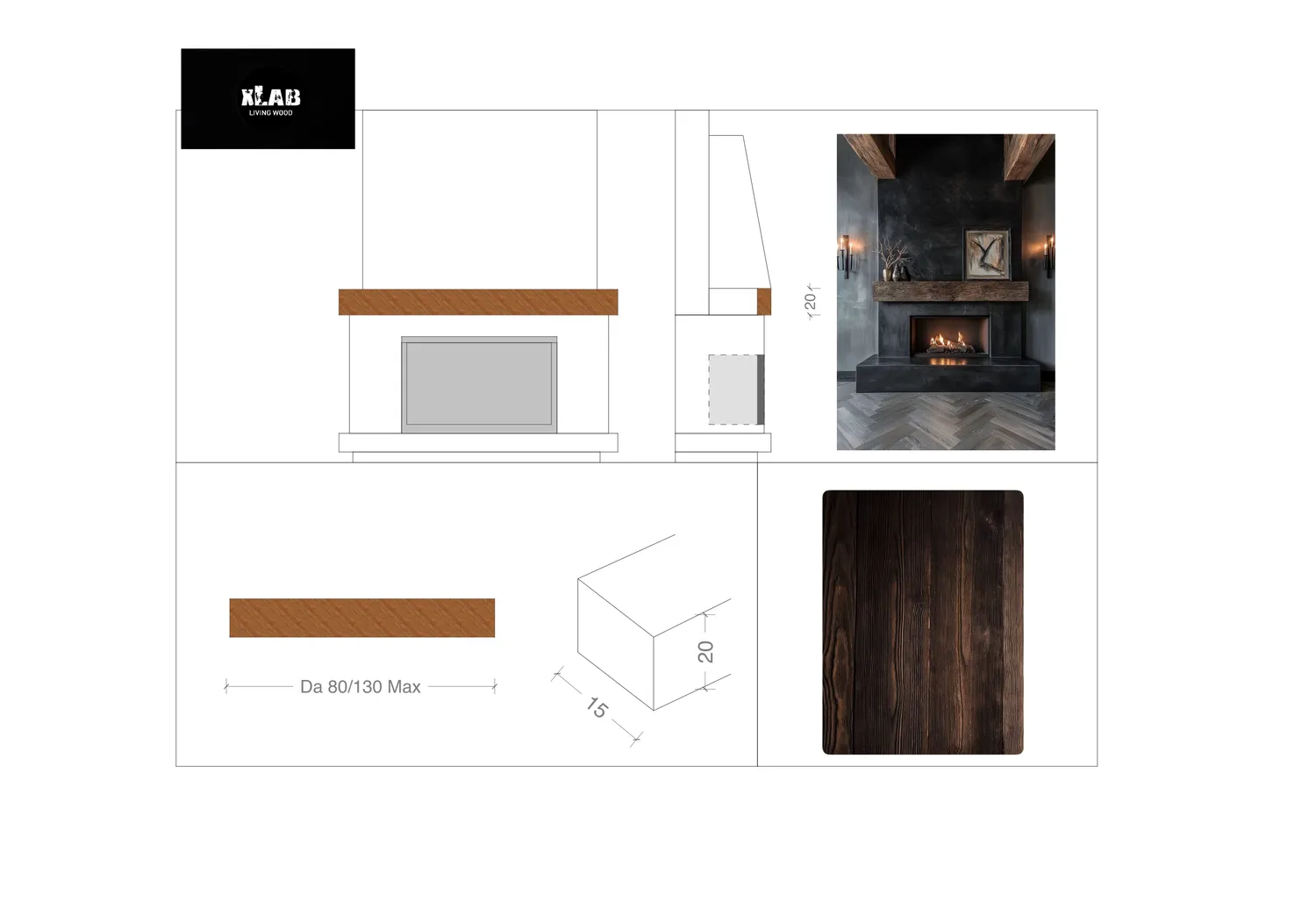 XLAB Design mensola camino legno larice 80-130 cm scuro