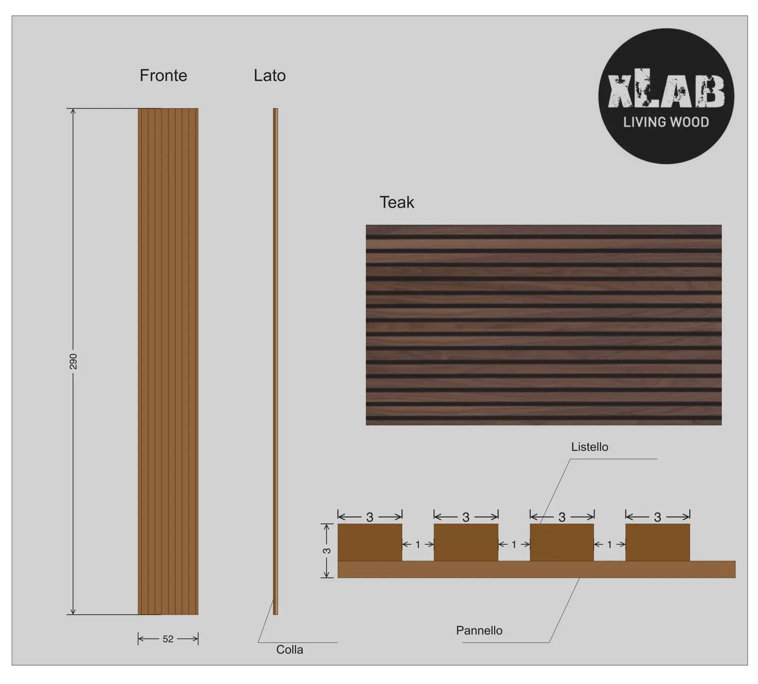XLAB Design pannello boiserie listello cannettato teak 52x290