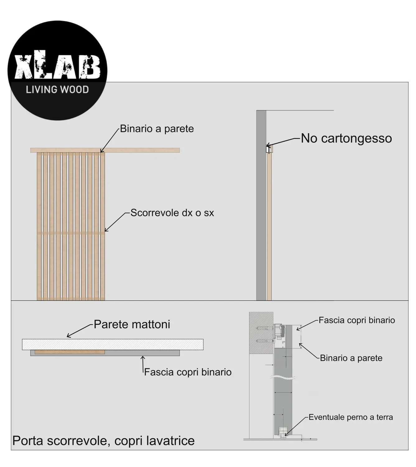 XLAB Design porta scorrevole legno doghe verticali binario scomparsa